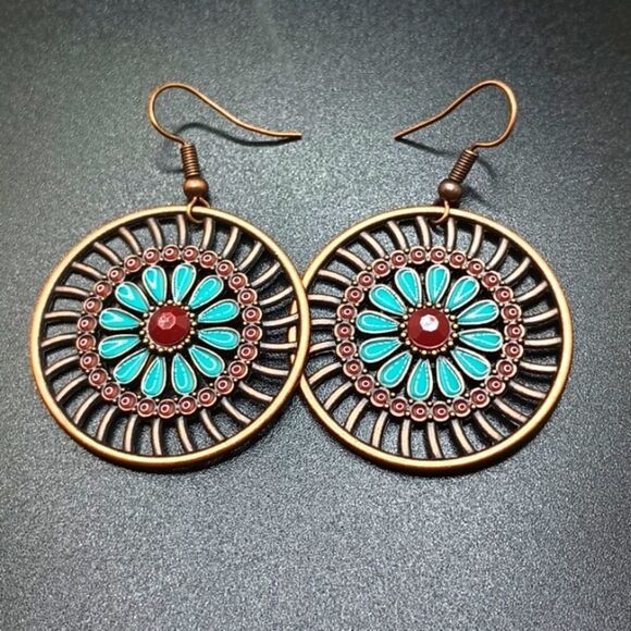 TURQUOISE bronze circle round boho flower earrings - Picture 1 of 4